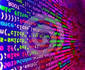 Mobile app developer. Digital abstract bits data stream, cyber pattern digital background. Binary code digital technology