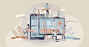 Mobile app development and application design coding tiny person concept