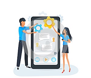 Mobile app development and coding. Process of building mobile application user interface for smartphone or tablet.