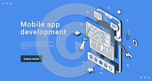 Mobile app development coding software programming internet banner landing page isometric vector