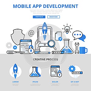 Mobile app development concept flat line art vector icons banner
