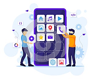 Mobile app development concept, People building and create software application on a giant smartphone