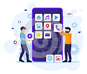 Mobile app development concept, People building and create software application on a giant smartphone flat vector illustration