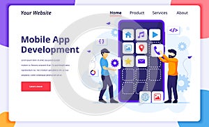 Mobile app development concept, People building and create software application on a giant smartphone. Modern flat web page design