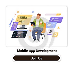 Mobile app development concept person coding digital tools colorful interface technology workspace design