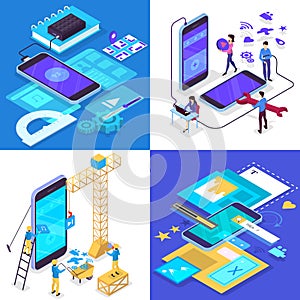 Mobile app development concept set. Modern technology and smartphone