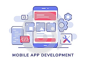 Mobile app development concept wire frame ui on display smartphone screen code coding gear wrench screwdriver white