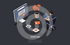 Mobile App Development and Design. Male Character Developer Is Testing Usability Interface Of Website. Mobile