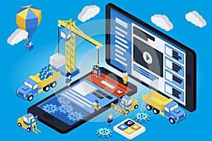 Mobile App Development, Experienced Team. Flat 3d isometric