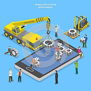 Mobile app development flat isometric vector