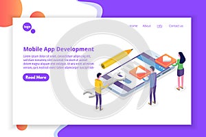 Mobile App Development isometric concept. Landing page template.