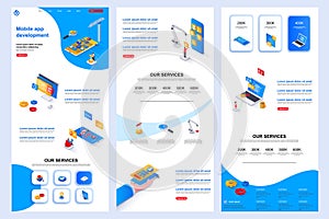 Mobile app development isometric landing page. Smartphone app construct and testing corporate website template. Web banner with