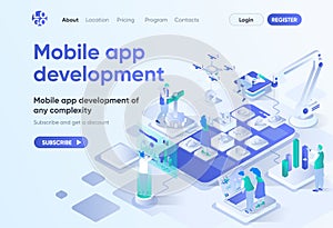 Mobile app development isometric landing page.
