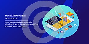 Mobile app development isometric vector illustration,  user interface design, coding programming application testing, internet.