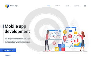 Mobile app development landing page, designer people create develop content, manage data