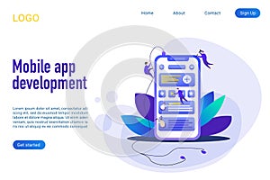 Mobile app development landing page isometric vector template