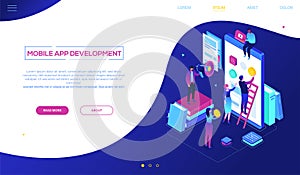 Mobile app development - modern colorful isometric vector web banner