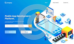 Mobile App Development platform, isometric illustration of smart