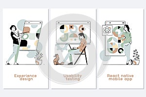 Mobile app development process abstract concept vector illustration set.Software API prototyping and testing background