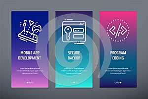 Mobile app development, Secure backup, Program coding Vertical Cards with strong metaphors.
