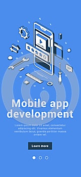 Mobile app development software user interface innovation programming design banner isometric vector