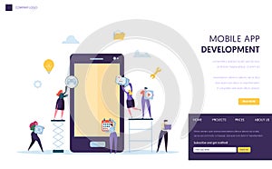 Mobile App Development Team Landing Page. Software Developer Character Building User Application on Tablet Screen