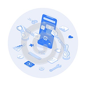Mobile APP Development UI UX Design, SEO Optimization. Adaptive layout application web interface on smartphone screen.