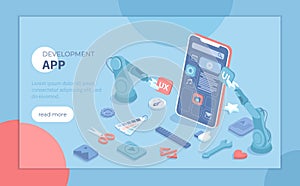 Mobile APP Development UI UX Design, SEO Optimization. Adaptive layout application web interface on smartphone screen. Isometric