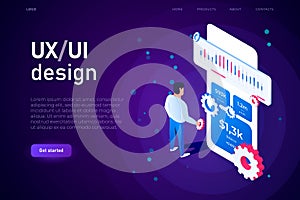 Mobile app development, ux ui design illsutrtaion concept. both mobile app developer and ui designer creating the user