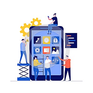 Mobile app development vector illustration concept with characters. Modern vector illustration in flat style for landing page,