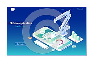 Mobile app development vector illustration. Isometric mobile phone with layout of application. User experience, user