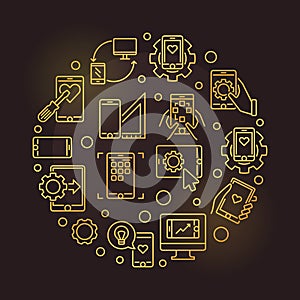 Mobile App Development vector round golden line illustration