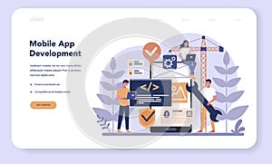 Mobile app development web banner or landing page. Modern