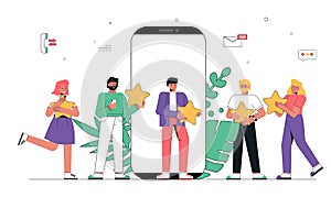 Mobile app feedback, people holding five stars in hands.Customer reviews concept illustration concept illustration