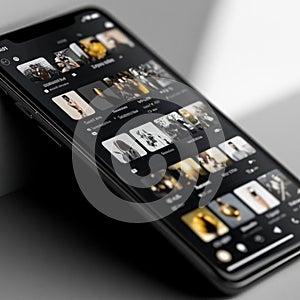 Mobile App Interface Design, Dark Mode, Grid Layout, and Content Display