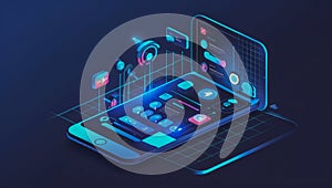 Mobile App Interface with Neon Graphics and UI Elements