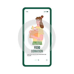 Mobile app interface with social worker carrying donation box full of food