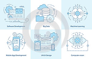 Mobile App Line icons. Software Development icon for web design. Big Data and cloud technology concept. Computer vision, Machine