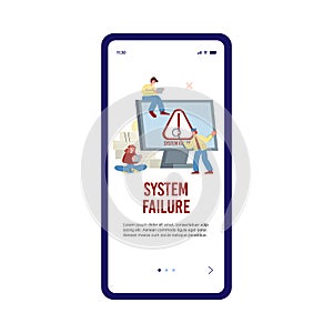 Mobile app onboarding help page for system error, flat vector illustration.