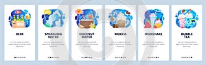 Mobile app onboarding screens. Bar drink menu, beer pack, sparkling water, coffee mocha, milkshake, bubble tea. Vector
