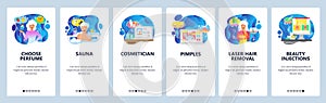 Mobile app onboarding screens. Beauty salon, spa, beauty clinic, botox injections, cosmetics and perfume. Vector banner