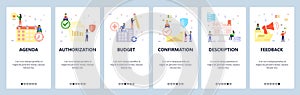 Mobile app onboarding screens. Business calendar, email confirmation, feedback, promotion. Menu vector banner template photo