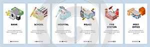 Mobile app onboarding screens. City buildings, bank, police, hospital, school, fire station. Menu vector banner template