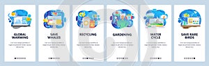 Mobile app onboarding screens. Climate change, global warming, recycling waste and save animals. Menu vector banner