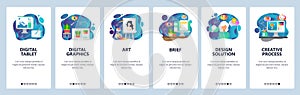 Mobile app onboarding screens. Digital illustration, art. creative and design. Menu vector banner template for website