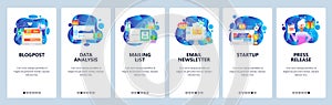 Mobile app onboarding screens. Digital marketing, email newsletter, data analysis, business startup. Menu vector banner photo