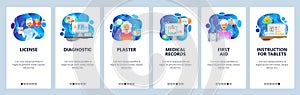 Mobile app onboarding screens. Drugs information, first aid, nurse, medical records. Menu vector banner template for