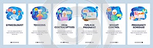 Mobile app onboarding screens. Gynecologist doctor, pregnancy, oral contraceptives. Menu vector banner template for