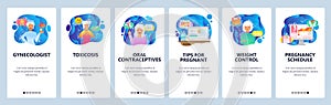 Mobile app onboarding screens. Gynecologist doctor, pregnancy, oral contraceptives. Menu vector banner template for photo