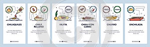 Mobile app onboarding screens. Mexican cuisine, cafe food menu, chilli, fajita, churro, chile relleno. Vector banner